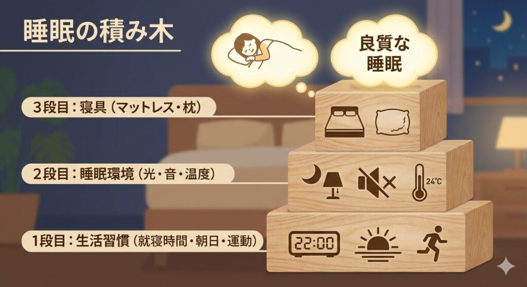 良質な睡眠を得るために必要なものを、積み木に見立てた図