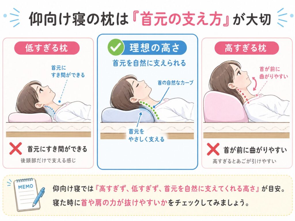 仰向け寝で首元を支える枕の高さを説明した画像