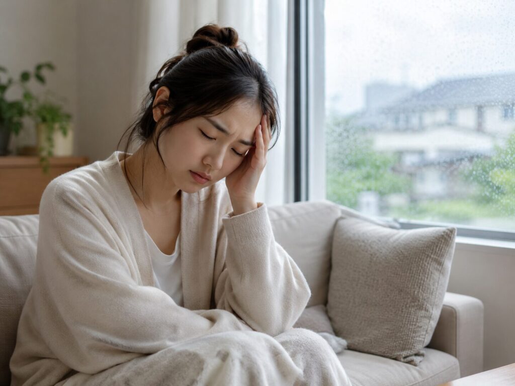 梅雨の気圧変化による頭痛とだるさを説明する画像