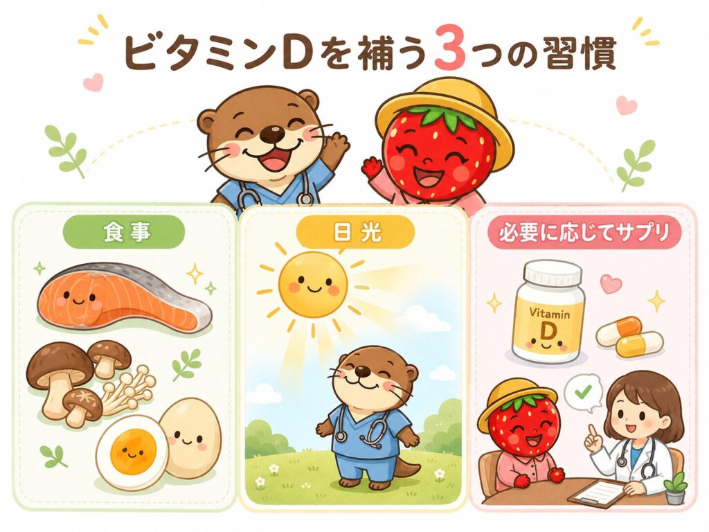 ビタミンDを食事・日光・サプリで補う方法をまとめた図解
