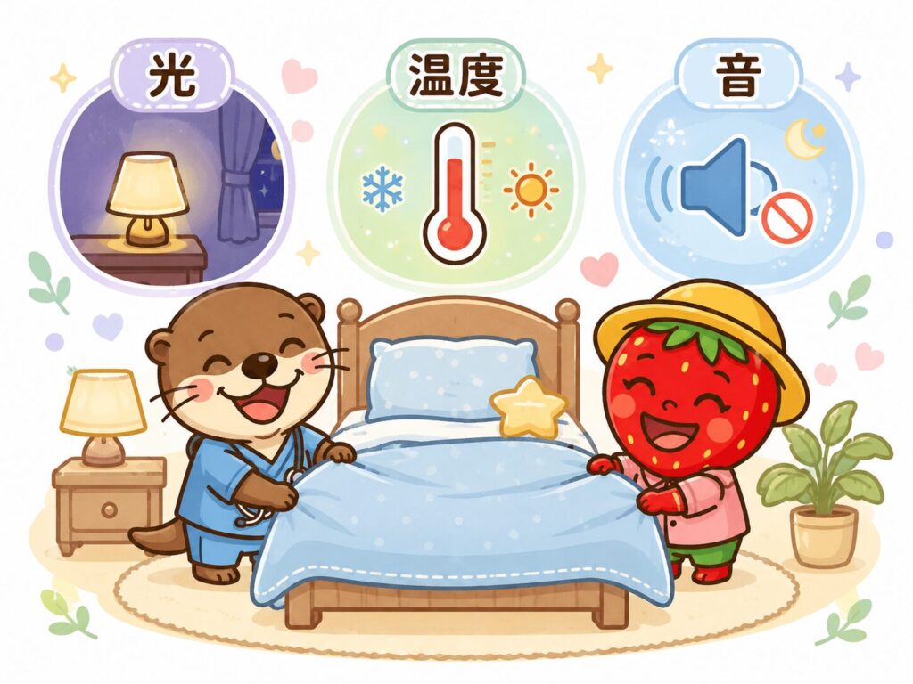 睡眠の質を整える寝室環境のポイントを説明する図解