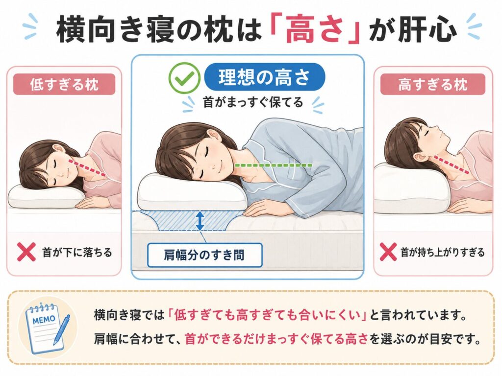 横向き寝で肩幅に合う枕の高さを説明した画像