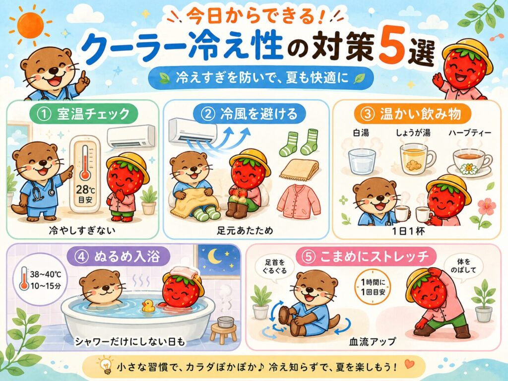 今日からできるクーラー冷え性対策5選の図解