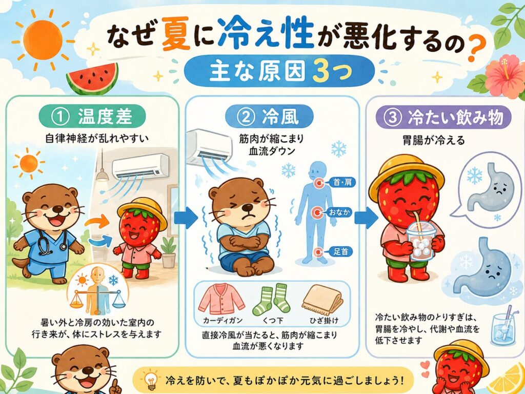夏にクーラー冷え性が起こりやすい原因3つを説明する図解