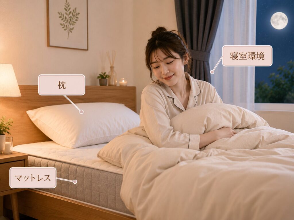 睡眠の質を上げる寝具の選び方を説明する画像