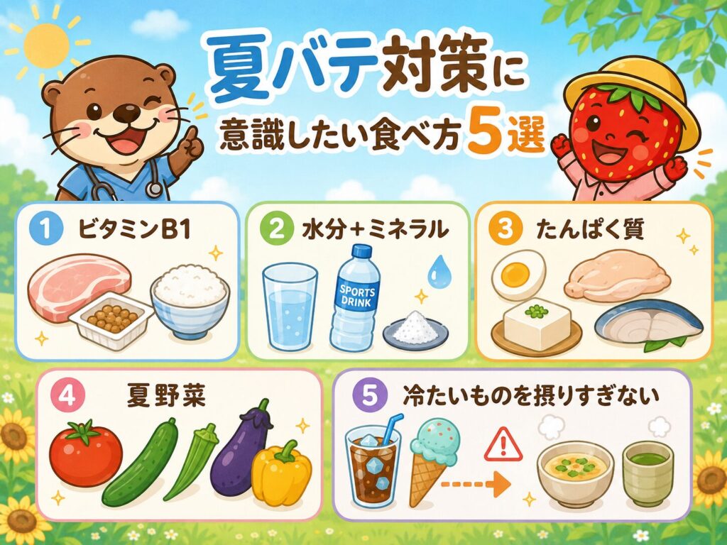 夏バテ対策に意識したい食べ方5選を説明した図解