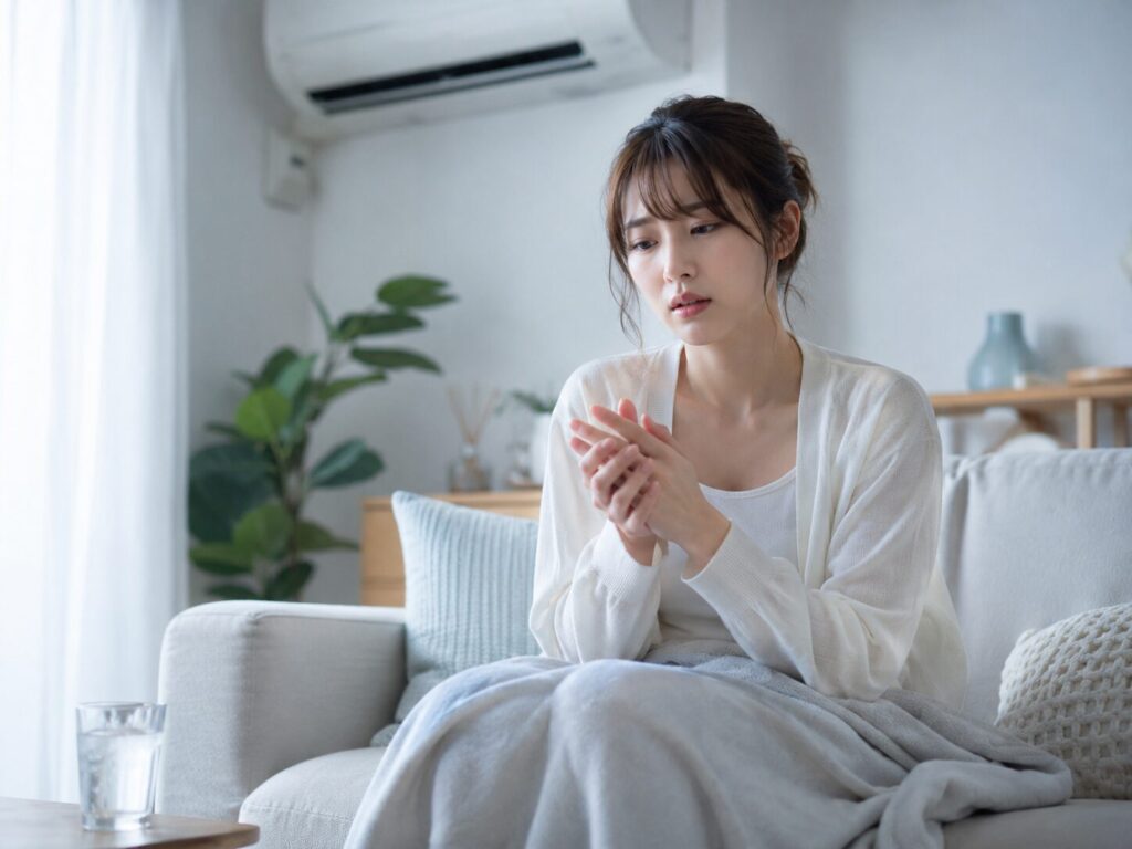 冷房で手足が冷えてだるそうな女性の画像