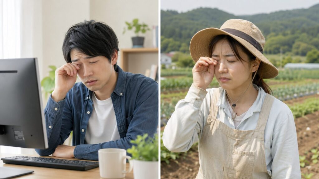 パソコン作業で目の疲れを感じる男性と農作業中に目のかゆみを感じる女性