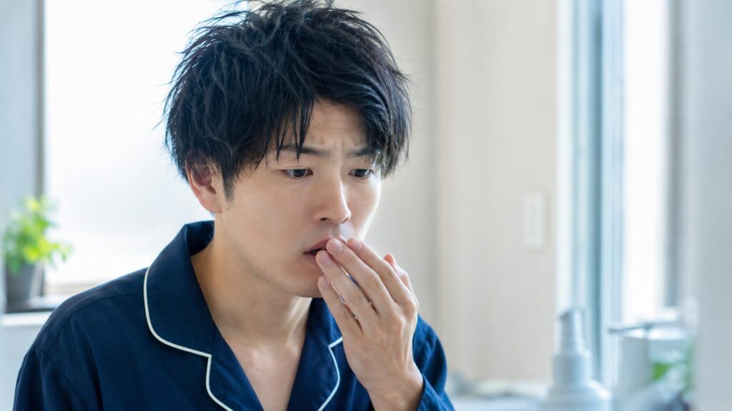 起床時に口の乾燥や口臭を気にする男性