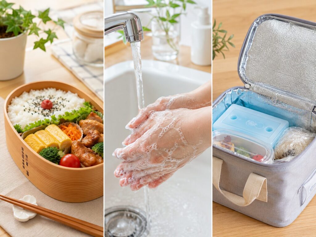 お弁当、手洗い、保冷バックを並べた画像