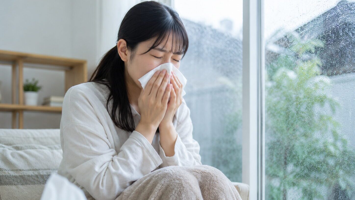 梅雨の時期にくしゃみをして室内を過ごす女性