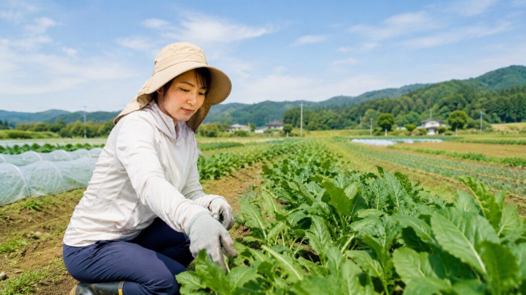 帽子と長袖と手袋で日焼け対策をしながら畑作業をする女性