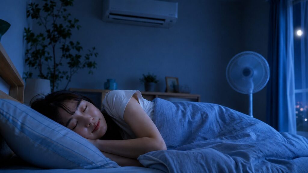 冷房と扇風機を使って夏の寝室を涼しくしている様子