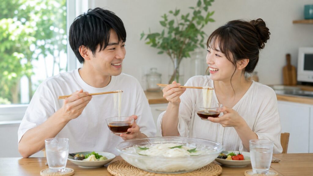 夏の食卓でそうめんを食べる男女